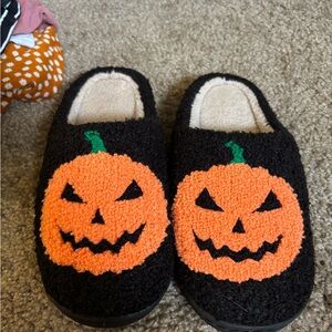 Black Slippers with Orange Pumpkin Design
